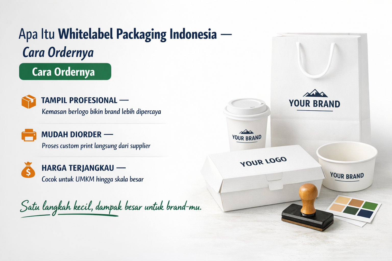 Whitelabel packaging Indonesia — kemasan polos food grade siap custom print untuk brand F&B