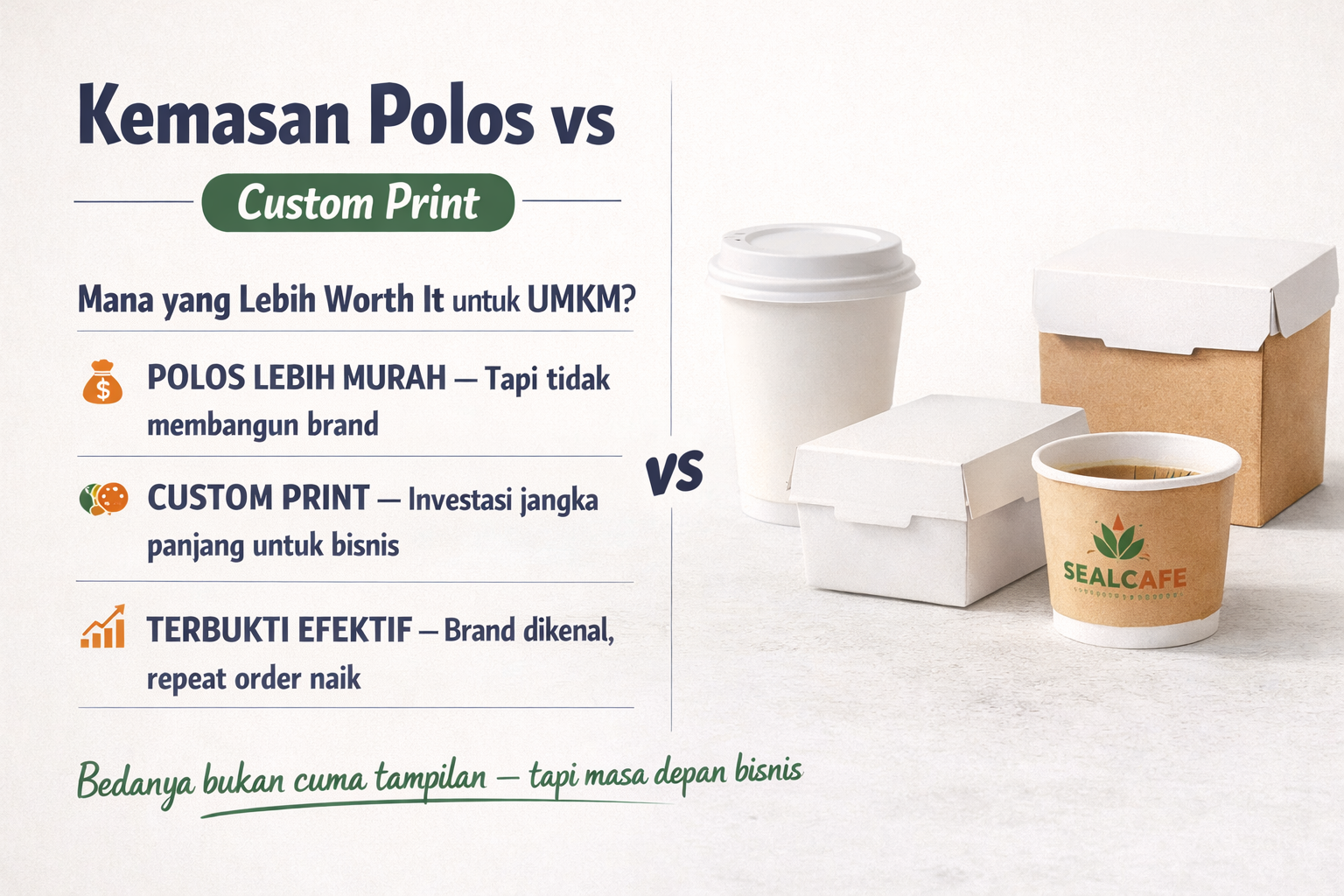 Perbandingan kemasan polos dan kemasan custom print UMKM dari SEALPAK