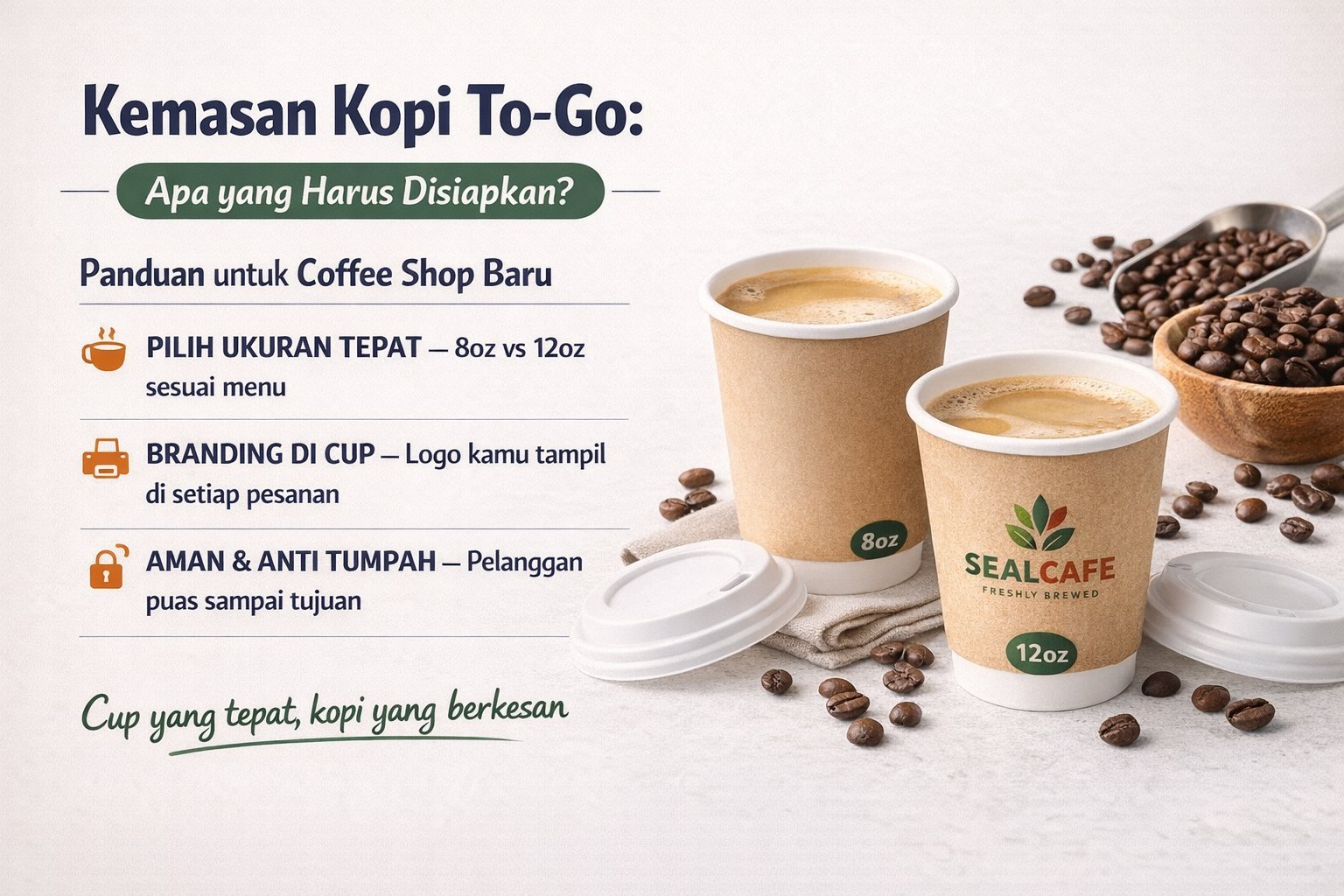 Kemasan kopi to go dengan paper cup, lid, dan sleeve untuk coffee shop baru dari SEALPAK