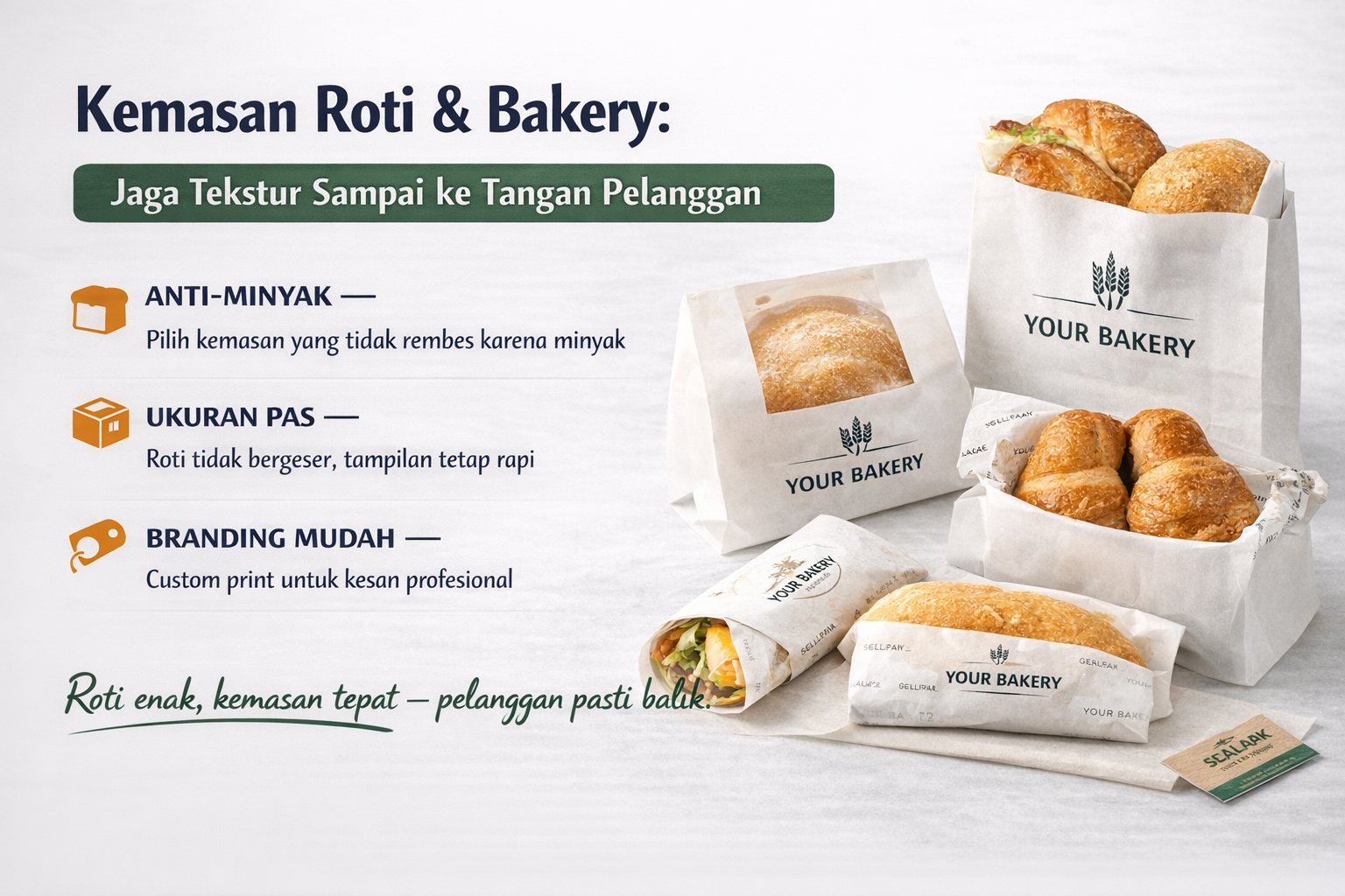 Kemasan roti bakery SEALPAK — paper bag dan food wrap untuk roti, croissant, dan pastry agar tekstur tetap terjaga