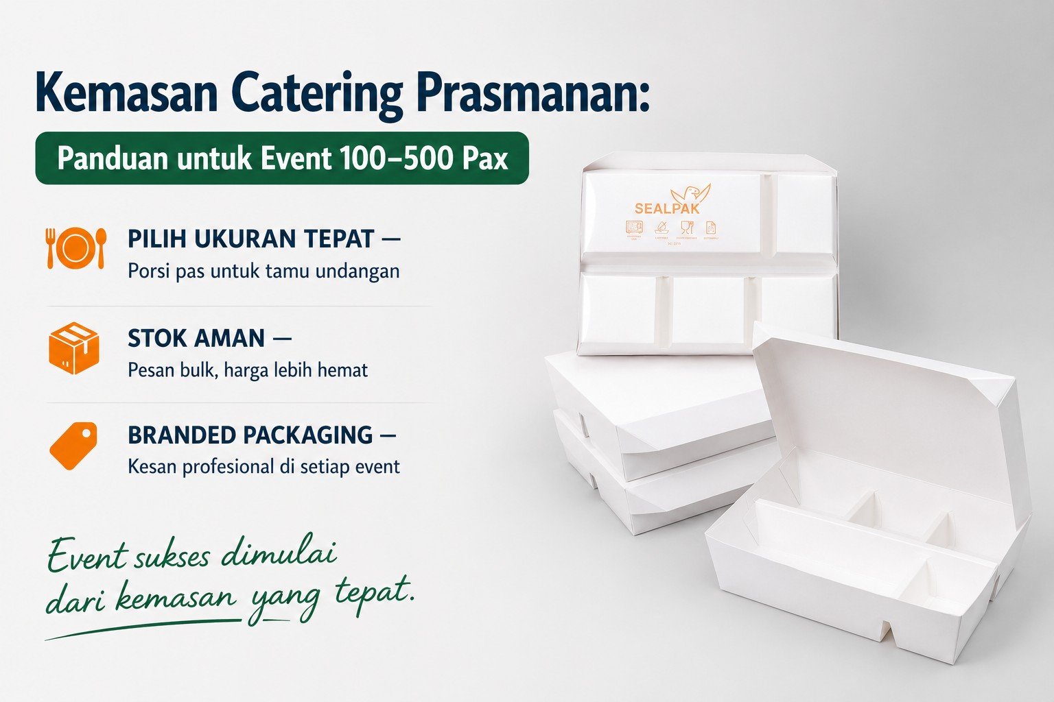 Kemasan catering prasmanan SEALPAK untuk event 100–500 pax — lunchbox, lunchbox sekat, dan tray