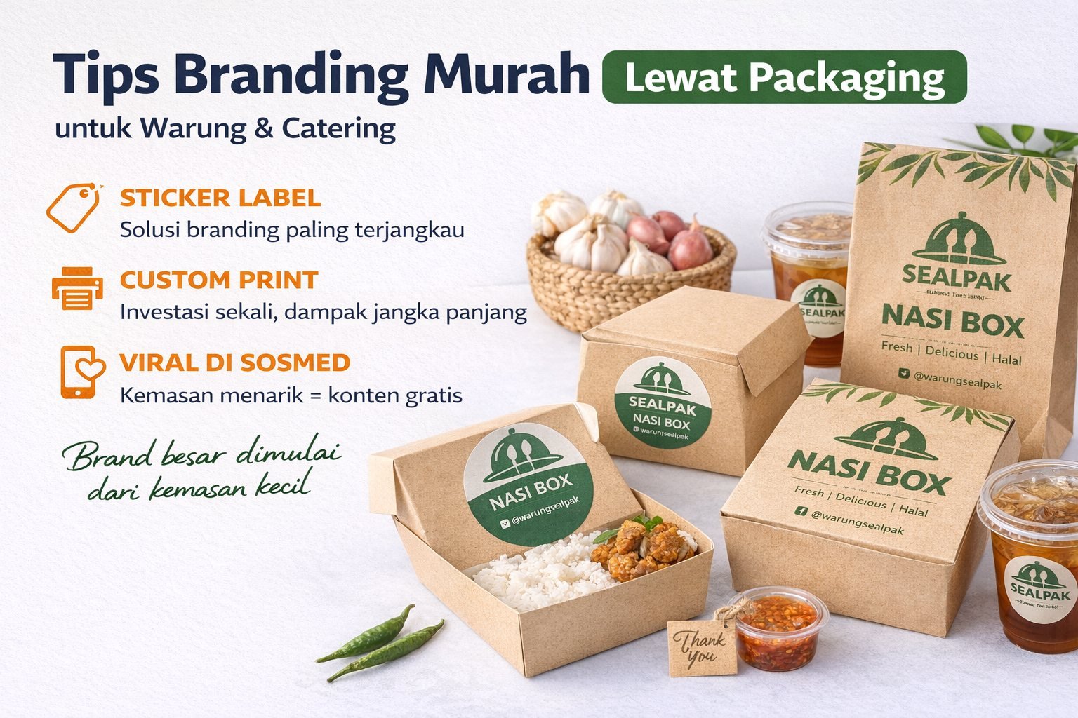 Branding kemasan murah untuk warung dan catering — stiker logo di lunchbox polos SEALPAK