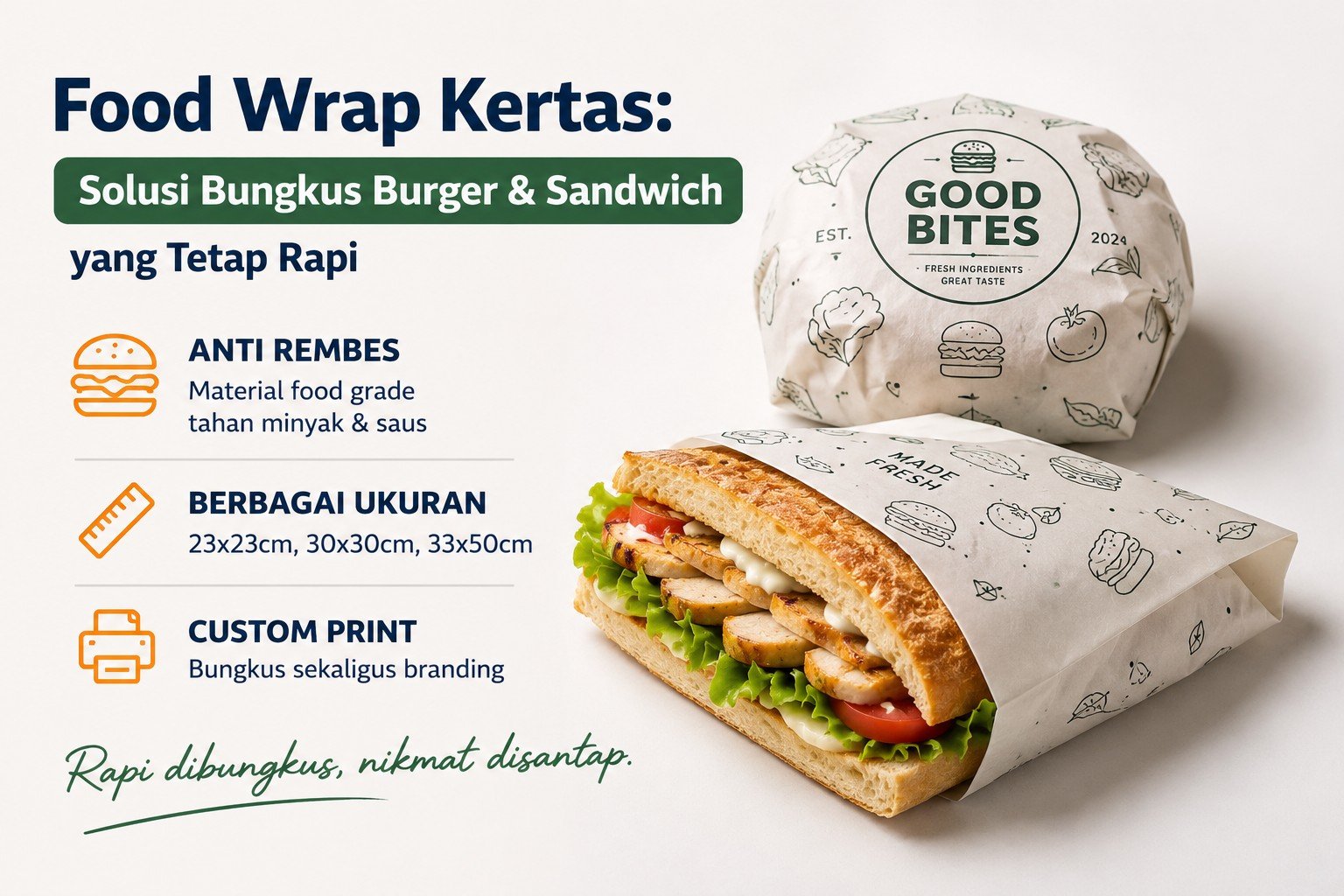 Food wrap kertas makanan SEALPAK membungkus burger dan sandwich agar tetap rapi dan tahan minyak