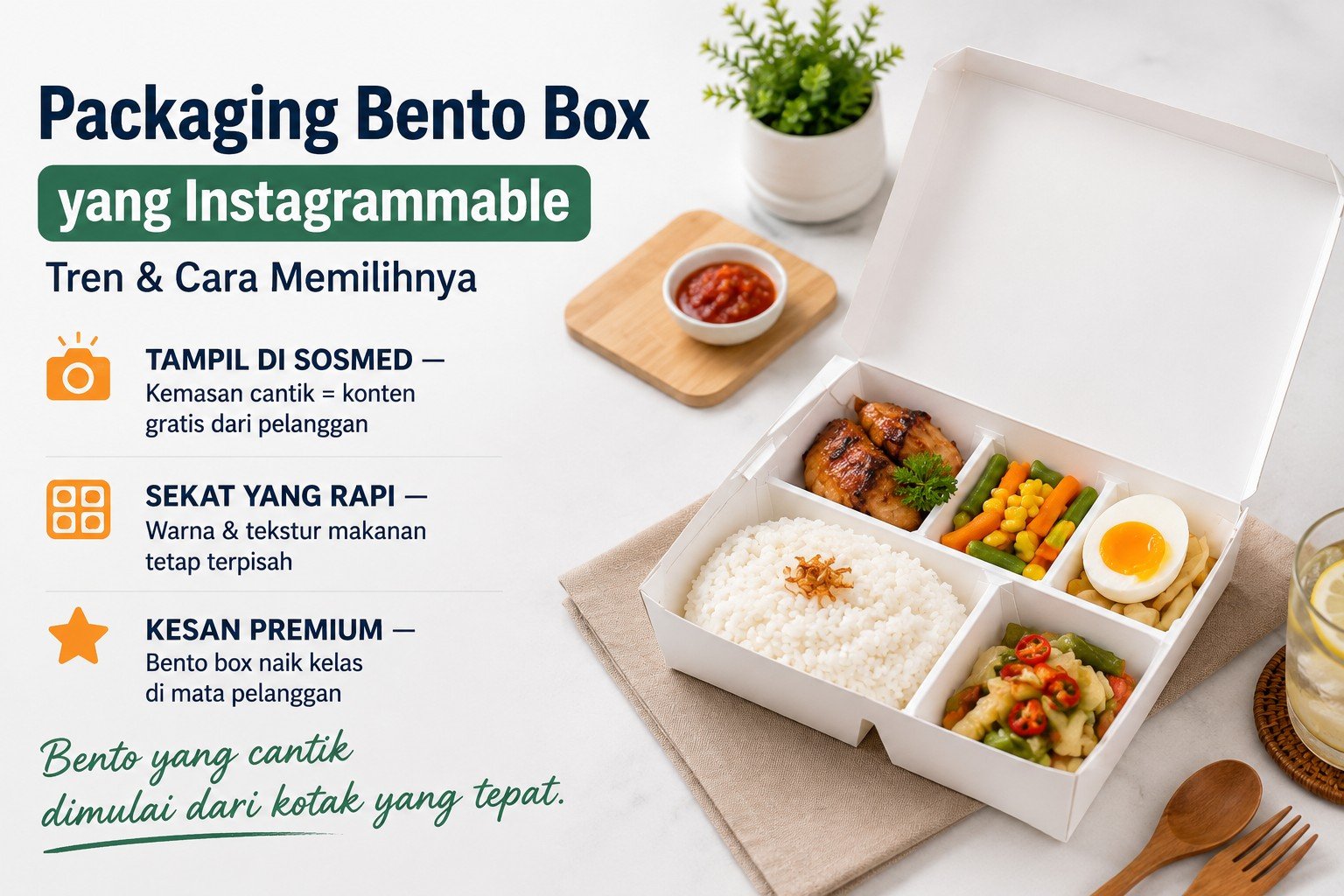 Kemasan bento box instagrammable dari SEALPAK — lunchbox sekat rapi dengan stiker label dan custom print untuk konten media sosial
