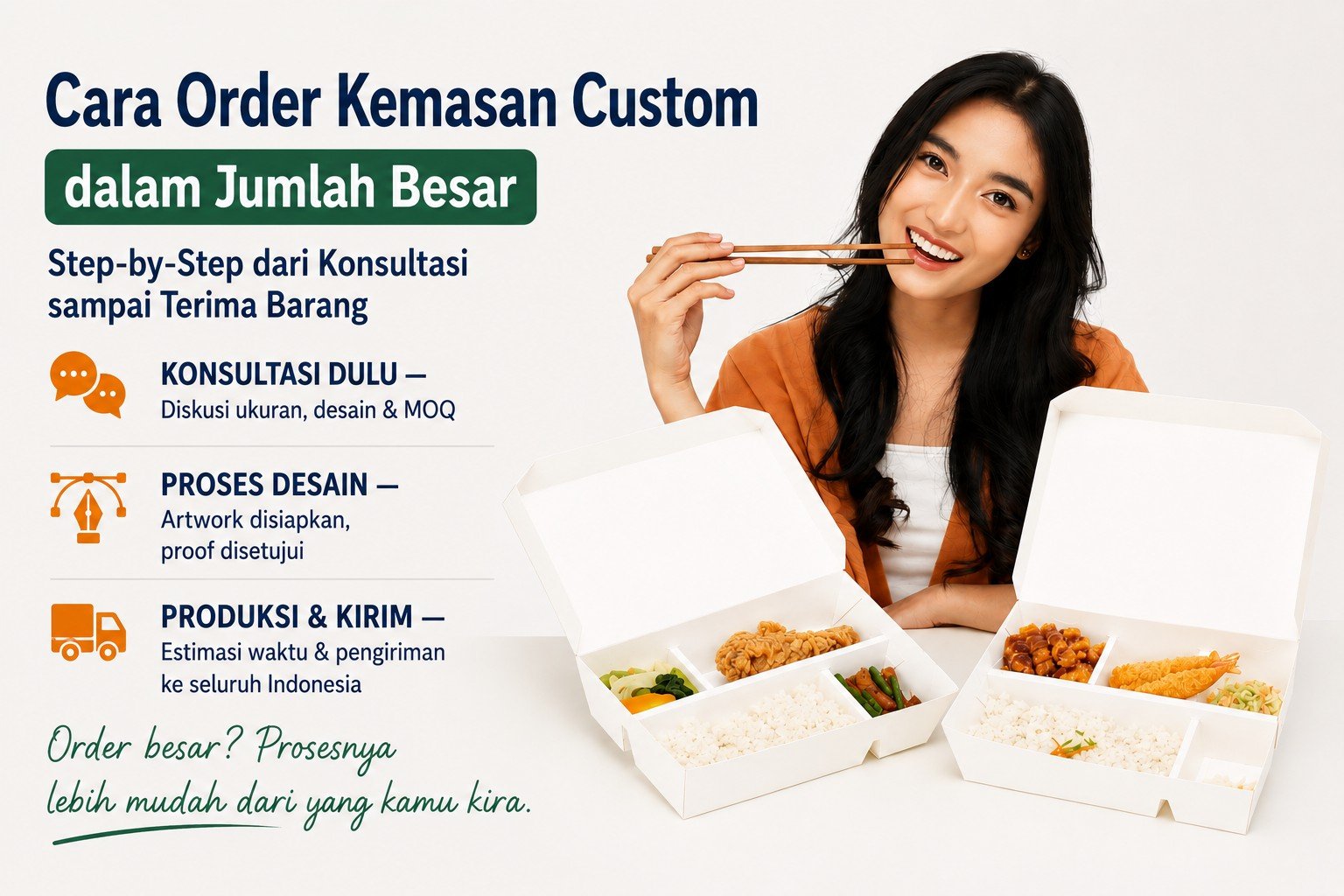 Order kemasan custom bulk di SEALPAK — proses konsultasi, desain, sampling, hingga produksi kemasan makanan custom print