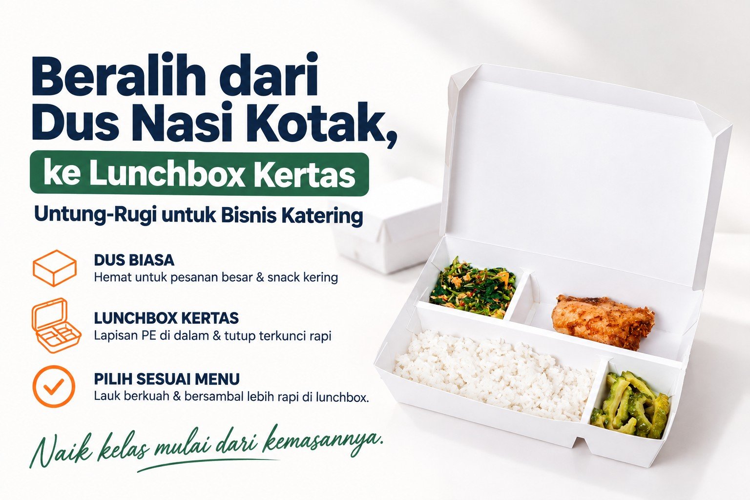 A cardboard rice box and a SEALPAK PE-lined paper lunch box filled with rice and side dishes for a catering order