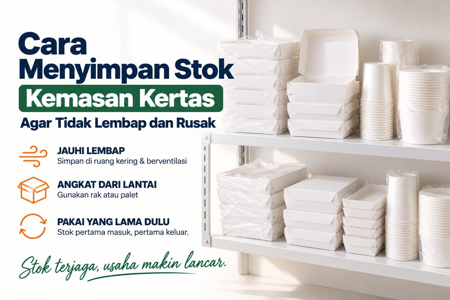 Stok kemasan kertas SEALPAK berupa lunchbox, paper bowl, dan paper cup tersimpan rapi di rak, contoh cara menyimpan kemasan kertas agar tidak lembap