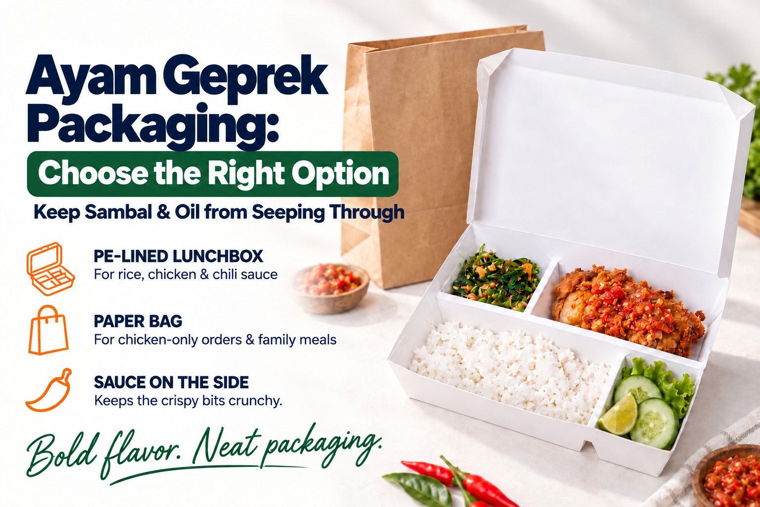 Ayam geprek packaging: a SEALPAK paper compartment lunch box filled with rice, ayam geprek and lalapan, with a paper bag and sambal in a separate container