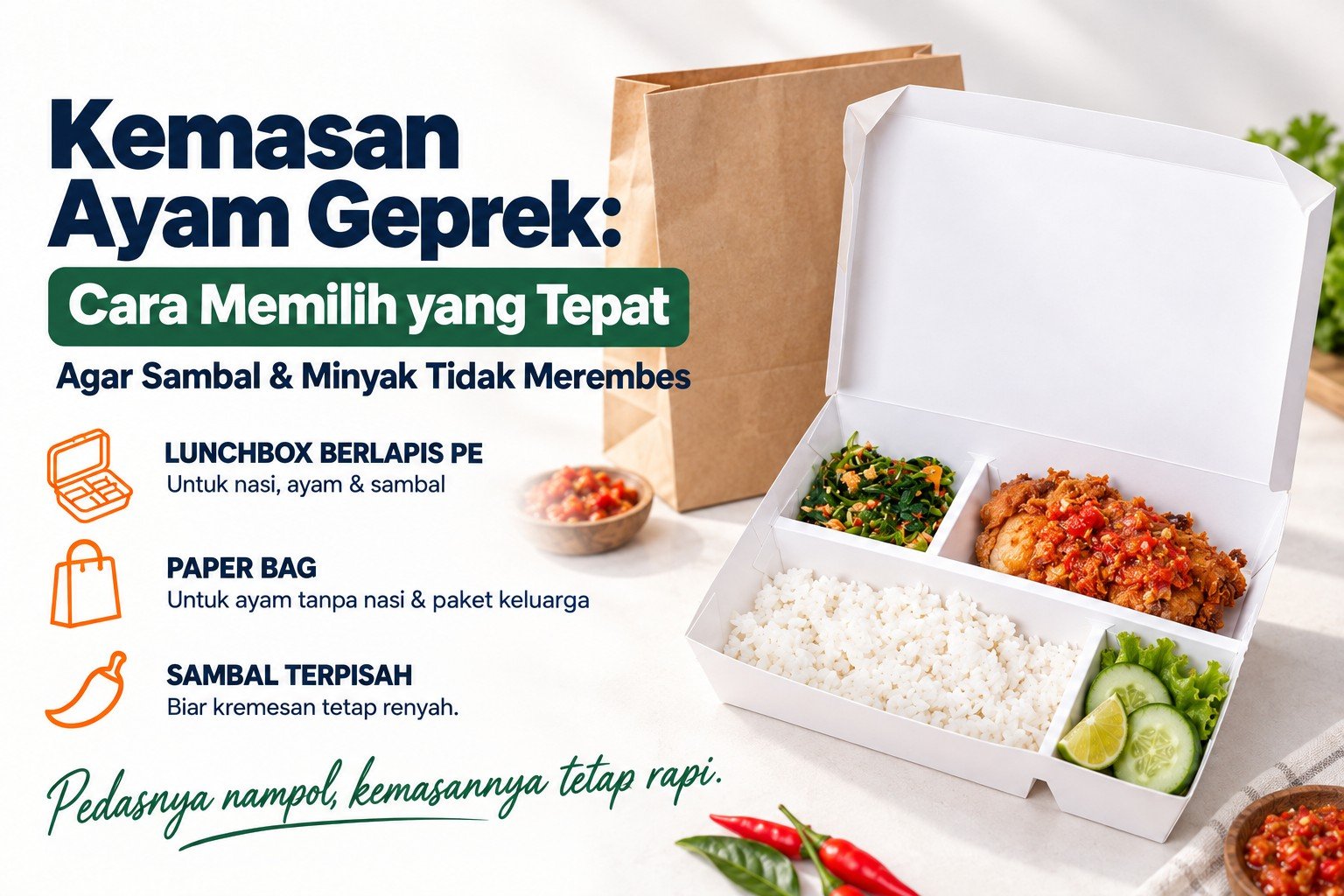 Kemasan ayam geprek berupa lunchbox sekat kertas SEALPAK berisi nasi, ayam geprek, dan lalapan, dengan paper bag dan sambal di wadah terpisah