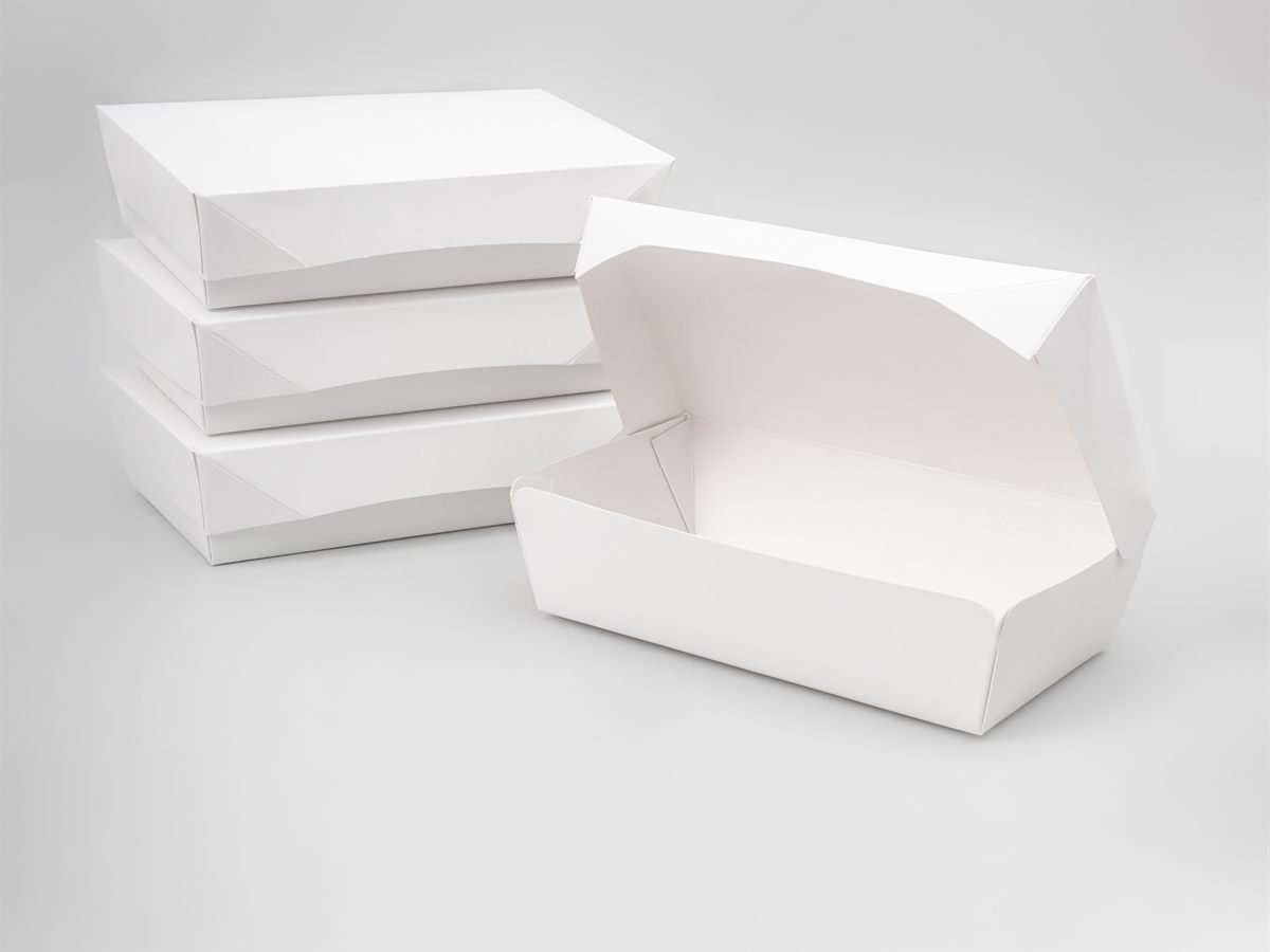 Stacked SEALPAK paper lunchboxes with one open