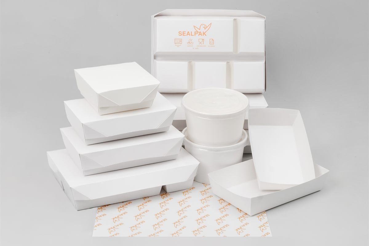 Rangkaian kemasan kertas polos SEALPAK: lunchbox, paper bowl, tray, dan food wrap